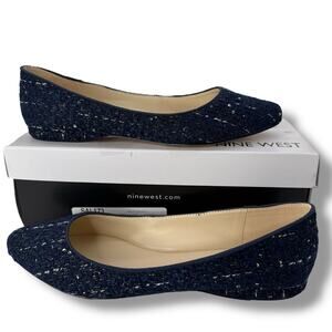 NEW Nine West Blue Tweed Ballet Flats Size 8.5 Boucle Slip On Almond Toe
